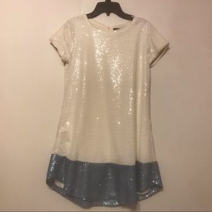 girls white sequin dress with blue accent